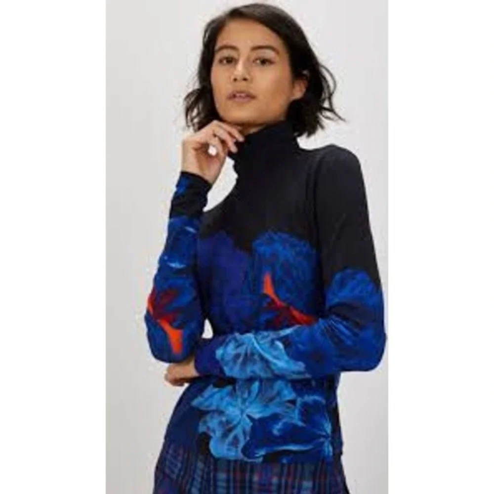 THE KIT. Turtleneck Top Womens Medium Black Indigo Iris Floral Bamboo Cotton NWT